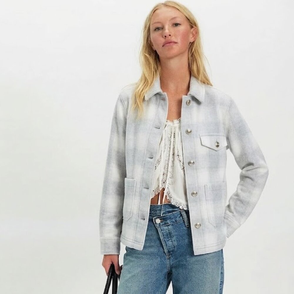 AE Soft Plaid Button Up Grey Shirt Jacket in Flannel - Picture 1 of 6